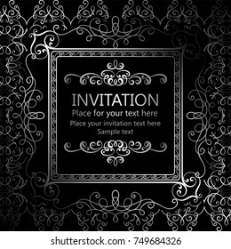 Abstract background with calligraphic luxury silver flourishes and vintage frame, victorian banner,wallpaper ornaments, invitation card, baroque style booklet, fashion pattern, template for design