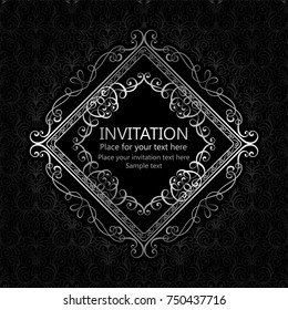 Abstract background with calligraphic luxury silver flourishes and vintage frame, victorian banner,wallpaper ornaments, invitation card, baroque style booklet, fashion pattern, template for design