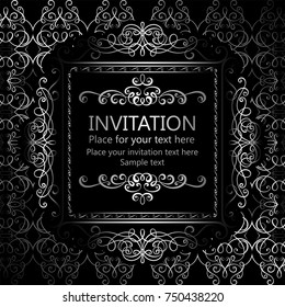 Abstract background with calligraphic luxury silver flourishes and vintage frame, victorian banner,wallpaper ornaments, invitation card, baroque style booklet, fashion pattern, template for design