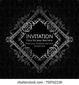 Abstract background with calligraphic luxury silver flourishes and vintage frame, victorian banner,wallpaper ornaments, invitation card, baroque style booklet, fashion pattern, template for design