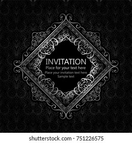 Abstract background with calligraphic luxury silver flourishes and vintage frame, victorian banner,wallpaper ornaments, invitation card, baroque style booklet, fashion pattern, template for design