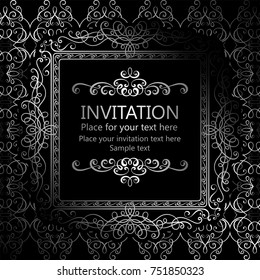 Abstract background with calligraphic luxury silver flourishes and vintage frame, victorian banner,wallpaper ornaments, invitation card, baroque style booklet, fashion pattern, template for design