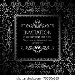Abstract background with calligraphic luxury silver flourishes and vintage frame, victorian banner,wallpaper ornaments, invitation card, baroque style booklet, fashion pattern, template for design