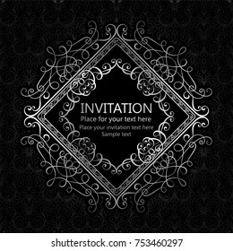 Abstract background with calligraphic luxury silver flourishes and vintage frame, victorian banner,wallpaper ornaments, invitation card, baroque style booklet, fashion pattern, template for design