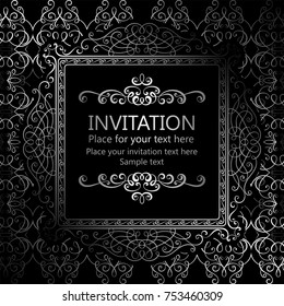 Abstract background with calligraphic luxury silver flourishes and vintage frame, victorian banner,wallpaper ornaments, invitation card, baroque style booklet, fashion pattern, template for design