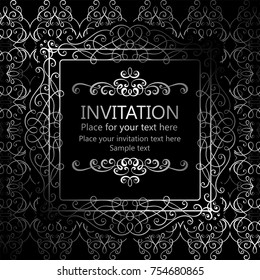 Abstract background with calligraphic luxury silver flourishes and vintage frame, victorian banner,wallpaper ornaments, invitation card, baroque style booklet, fashion pattern, template for design