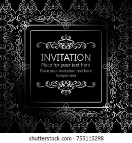 Abstract background with calligraphic luxury silver flourishes and vintage frame, victorian banner,wallpaper ornaments, invitation card, baroque style booklet, fashion pattern, template for design