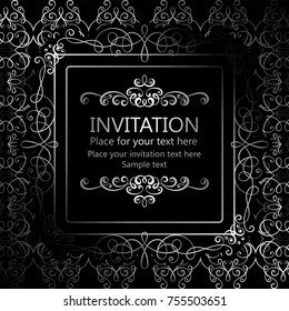 Abstract background with calligraphic luxury silver flourishes and vintage frame, victorian banner,wallpaper ornaments, invitation card, baroque style booklet, fashion pattern, template for design
