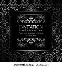 Abstract background with calligraphic luxury silver flourishes and vintage frame, victorian banner,wallpaper ornaments, invitation card, baroque style booklet, fashion pattern, template for design