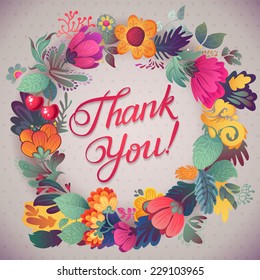 Abstract Background with Calligraphy Quote "Thank You", vector design. Floral Wreath 