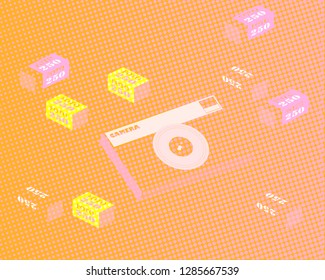 Abstract background with camera and film in the package. The effect of illuminated film. Old camera, film, and film in the package. Coarse-grained background. Vector illustration.