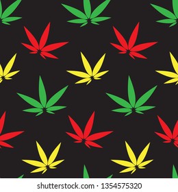 Abstract background of cannabis of red, green and yellow colors. Seamless pattern. Vector illustration.