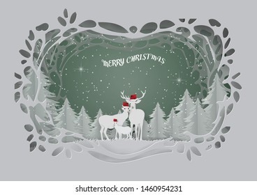 Abstract background card with deer family live in forest  on winter season,Merry Christmas and Happy new year concept,paper craft style vector and illustration