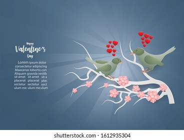 Abstract background card design with birds couple on branch with blooming flowers on blue background,Valentine Day concept.paper craft modern style.