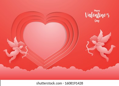 Abstract background card design with Cupid flies on backdrop is heart shaped in the red background,Valentine Day concept.Paper art and Illustration moderm style.