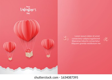 Abstract background card design with Heart shaped balloon on red background.Happy Valentine's day concept,paper craft modern style.