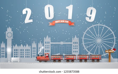 Abstract background card Happy new year and Merry Christmas with Santa Claus driving the train coming to LONDON background in winter season,paper craft style and illustration
