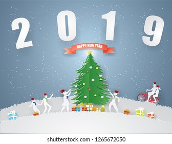 Abstract background card Happy new year and Merry Christmas with  Couple riding a red bike  and Children are running,playing in winter season on text 2019 background,illustration and vector paper art 