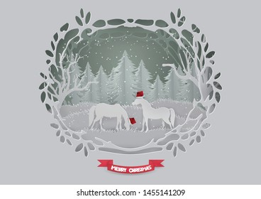 Abstract background card template and Merry Christmas concept with Horse in the  forest on  winter season ,Animals,wildlife background style paper craft vector and illustration