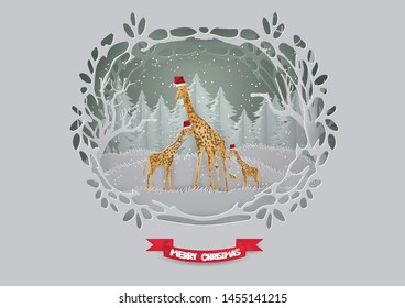 Abstract background card template and Merry Christmas concept with GIRAFFES family  in the  forest on  winter season ,animals,wildlife background style paper craft vector and illustration