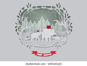 Plantilla de cartón de fondo abstracto y concepto de Feliz Navidad con la familia de los elefantes en el bosque en la temporada de invierno, animales, estilo de vida silvestre artesanía de papel vectorial e ilustración