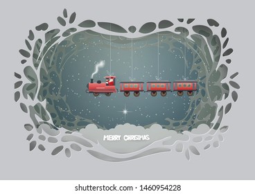 Abstract background card template with Santa Claus driving the train on the sky in winter season,Merry Christmas concept ,paper craft style and illustration