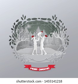 Abstract background card template,Merry Christmas concept with
Happy family in winter season, Paper art and Illustration style.