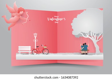 Abstract background card Valentine's day with Young Couple sitting tree swing and Cupid flies around in spring season , Paper art modern style.