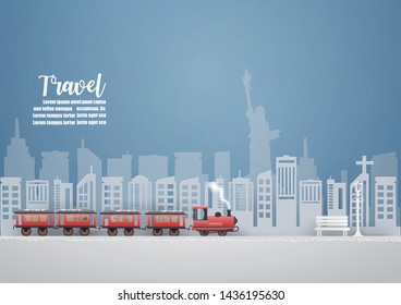 Abstract background card with Vintage Transportation Train runs go to New York City USA.Travel and Tourism concept.paper craft Design travel and Vector and illustration
