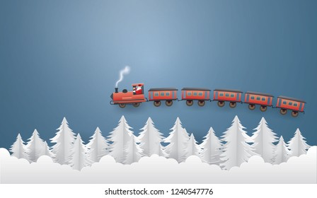 Abstract background card,Merry Christmas concept with Santa Claus driving the train on the sky in winter season,vector and illustration.