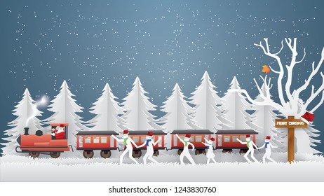 Abstract background card,Merry Christmas concept with Santa Claus driving the train and Children are running after in winter season  ,paper craft style 