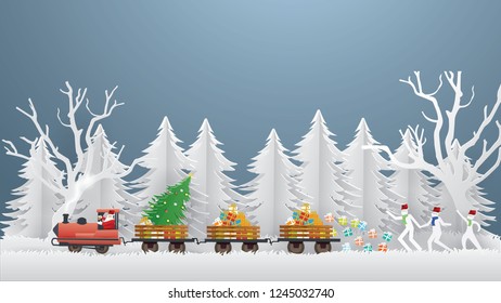 Abstract background card,Merry Christmas with Santa Claus driving Vintage Transportation Train carry Christmas tree and gift box and Children are running after in winter season ,paper craft style