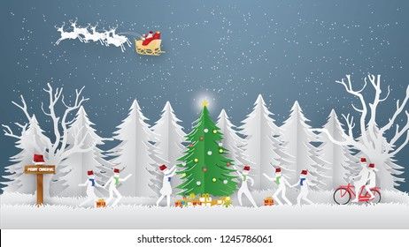 Abstract background card,Merry Christmas with Santa Claus on the sky and Children are running,playing and riding a red bike in white forest and snow in winter season,Paper art Vector and Illustration 
