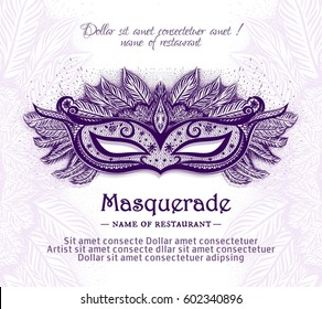 Abstract background with carnival mask and feathers pattern. Mardi Gras. Vector illustration. Design background for poster