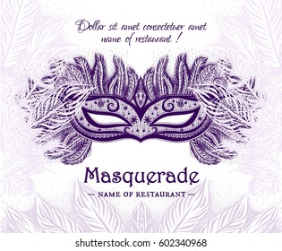 Abstract background with carnival mask and feathers pattern. Mardi Gras. Vector illustration. Brazilian carnaval.