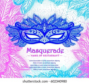 Abstract background with carnival mask and feathers pattern. Mardi Gras. Vector illustration. Beautiful concept design for invitation card for thematic party. 