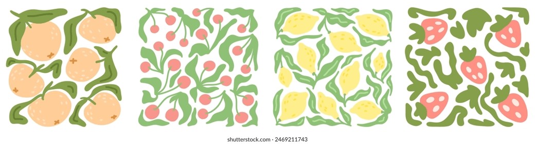 Abstract background with cartoon fruits. Set of cute seamless patterns.