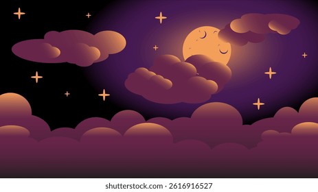 Abstract background cartoon moon with sprinkling of stars in the sky at night which is partially covered by clouds with orange, purple, black and pink colors