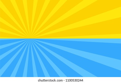 Abstract background with cartoon rays of yellow and blue color. Sun and ocean, summer template for your projects. The cartoon sun. Flat style 