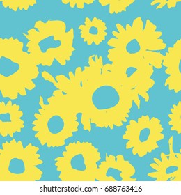 Abstract background with chamomile Blue - yellow pattern with daisies. Millefleurs liberty style. Ditsy floral pattern for printing on fabric,  women's clothes Seamless vector illustration
