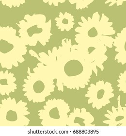 Abstract background with chamomile Yellow-green pattern with daisies. Millefleurs liberty style. Ditsy floral pattern for printing on fabric,  women's clothes Seamless vector illustration