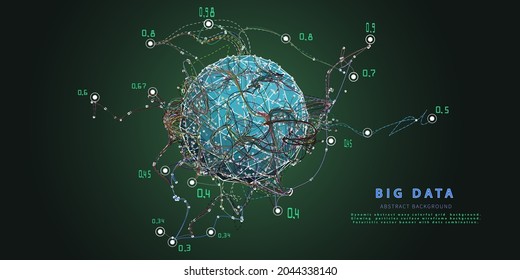 Abstract background with chaotic dashed lines connecting dots of sphere. Analytics algorithms data.  Quantum cryptography concept. Banner for business, science and technology. Big data.