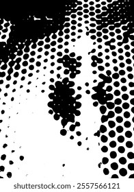 Abstract background with chaotic and dynamic dotted pattern and perforated circles. Vector format for creating banners, posters, social media graphics and marketing materials. Black and white.