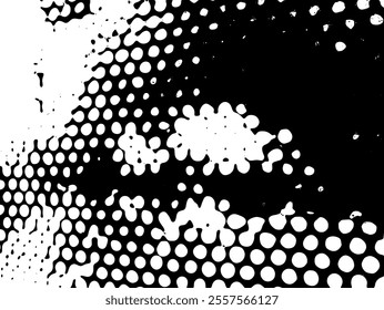 Abstract background with chaotic and dynamic dotted pattern and perforated circles. Vector format for creating banners, posters, social media graphics and marketing materials. Black and white.