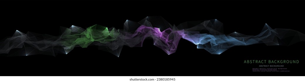 Abstract background chaotic graphs  from color polygonal surface on dark. Technology wireframe helix concept in virtual space. Big Data. Banner for business, science and technology data analytics.  