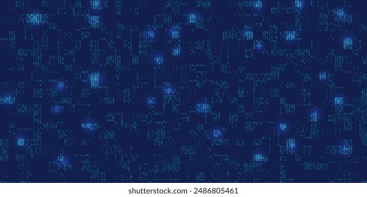 Abstrakter Hintergrund chaotische Buchstaben mit Leuchten auf Blau. Digitale Banner-Daten für ein sicheres Datenkonzept.
