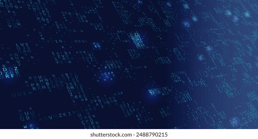 Abstract background chaotic letters perspective with glow on blue. Digital banner data for secure and data concept.