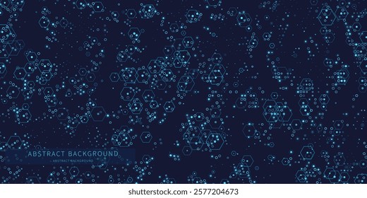 Abstract background chaotic size blue hexagon on dark blue. Rectangle mosaic design. Vector Illustration.
