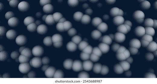 Abstract background chaotic spheres from white dots on blue. Dotted concept with texturing effect. Banner for business, science and technology data analytics.