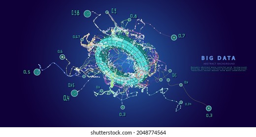 Abstract background with chaotic wave lines connecting dots of torus grid. Analytics algorithms data. Quantum cryptography concept. Banner for business, science and technology. Big data.